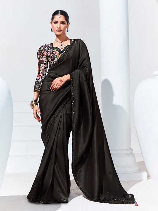 Dhiyona KM Women Black Saree With Floral Embroidered Blouse