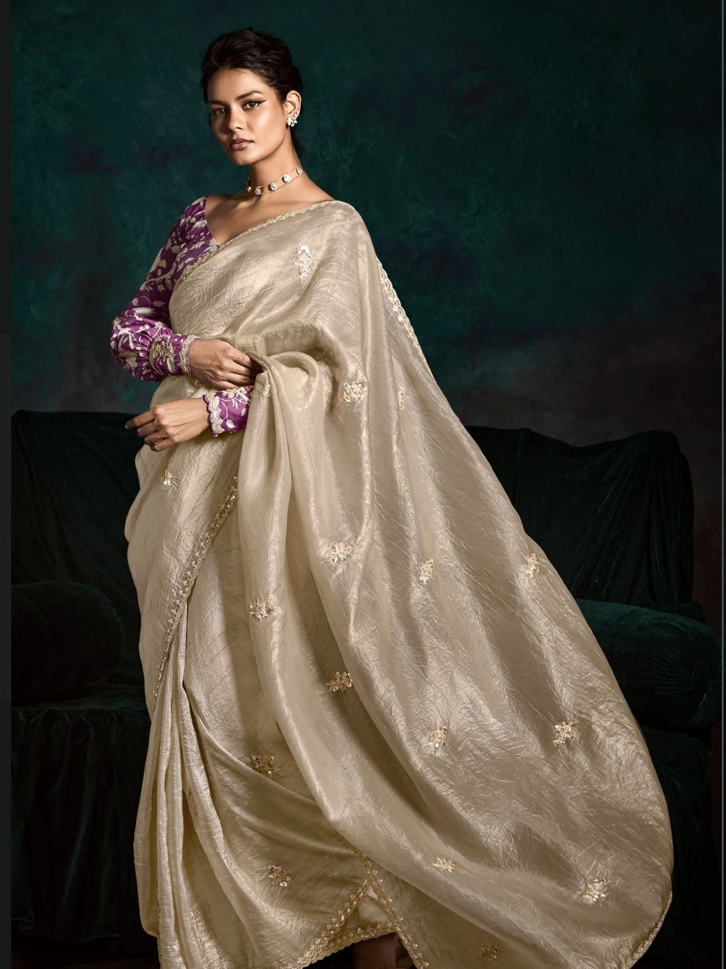 Dhiyona KM Women The Beige Designer Organza Saree: Effortless Elegance For Every Occasion