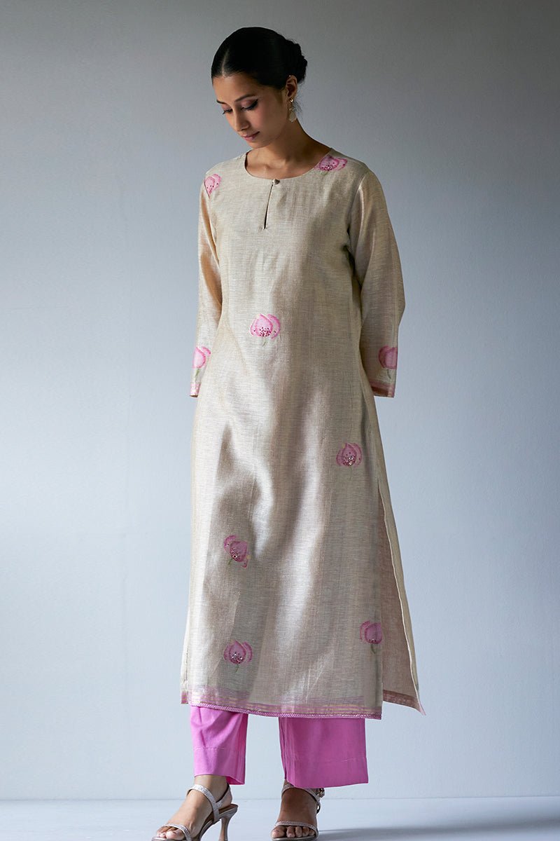 Women's Beige and Pink Woven Viscose Chanderi Kurta Suit Set With Delicate Hand Work Detailing