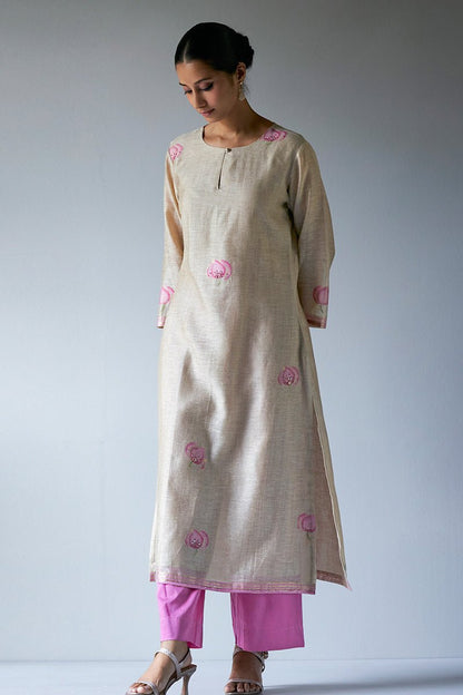 Women's Beige and Pink Woven Viscose Chanderi Kurta Suit Set With Delicate Hand Work Detailing