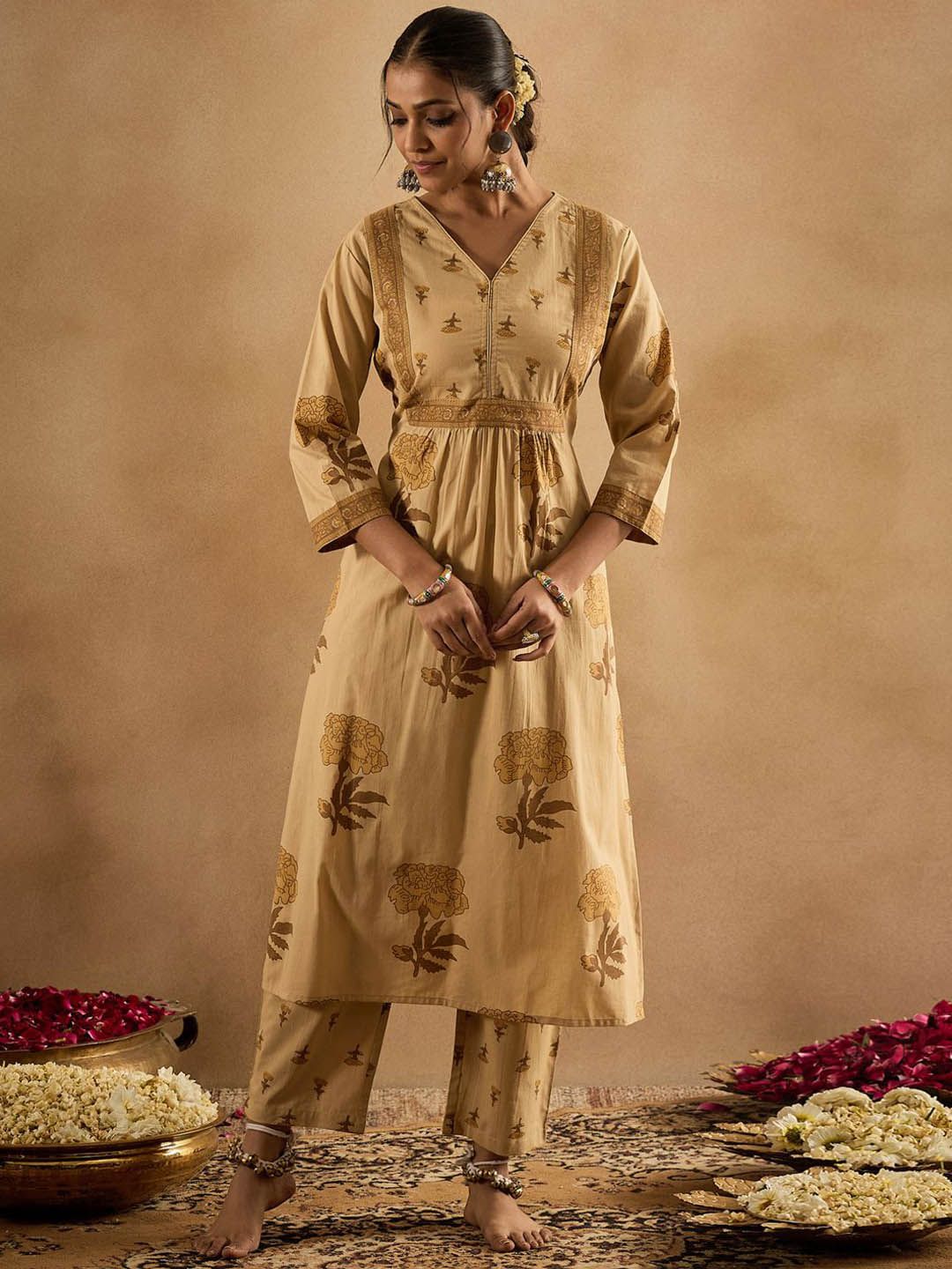 Floral Printed V-Neck Pleated Pure Cotton A-Line Kurta With Trouser