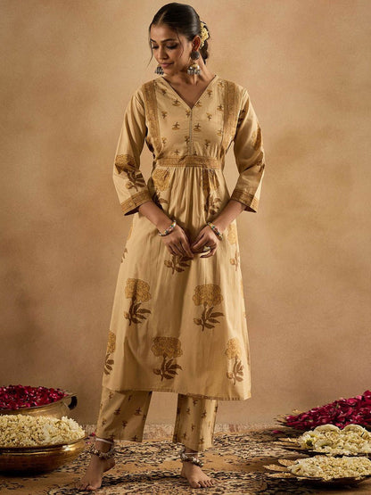 Floral Printed V-Neck Pleated Pure Cotton A-Line Kurta With Trouser