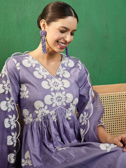Dhiyona SN Women's Alia Cut Embroidered A-Line Kurta With Trouser & Dupatta
