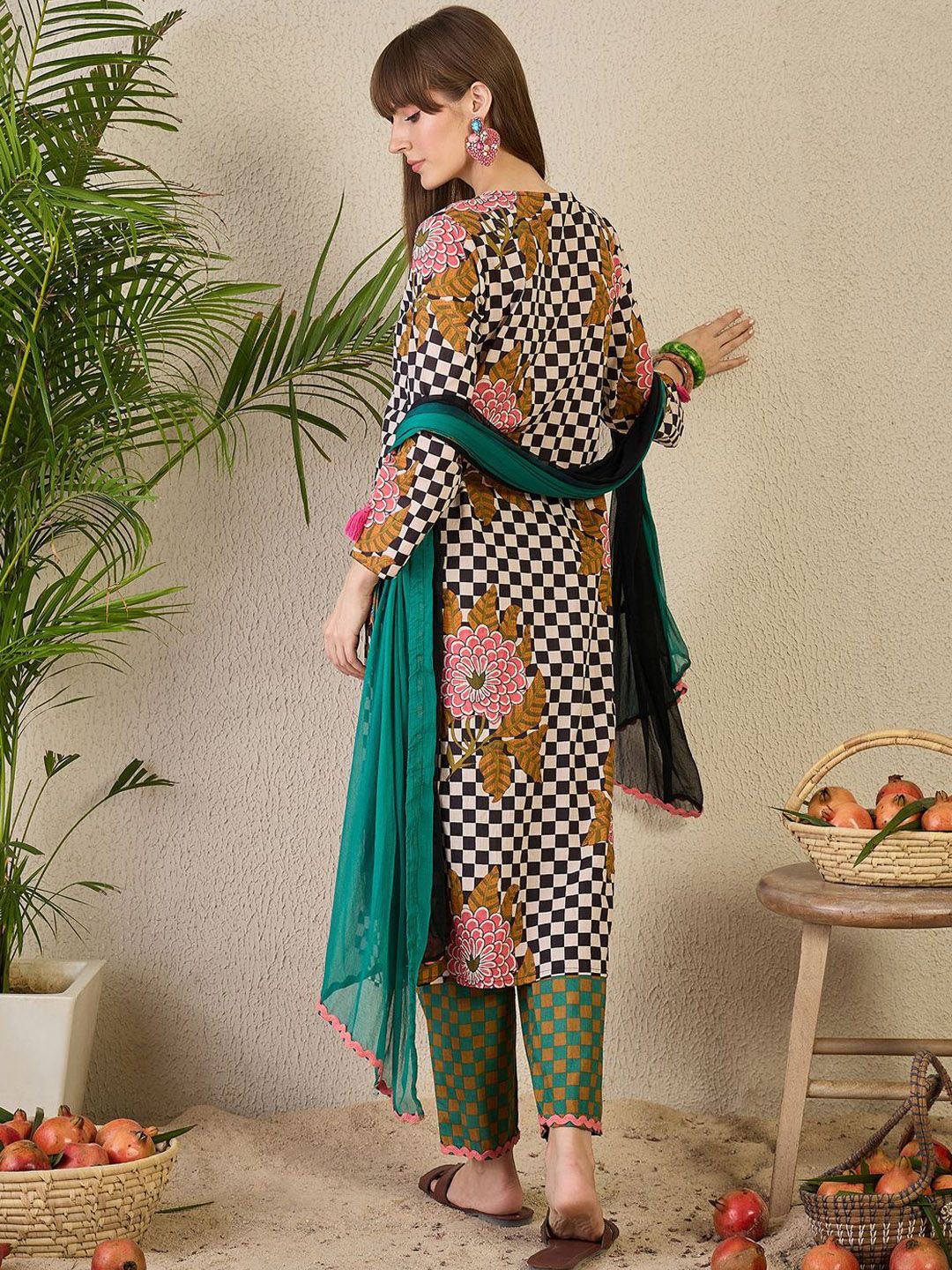 Adults-Women Checked Cotton Kurta with Trousers & Dupatta