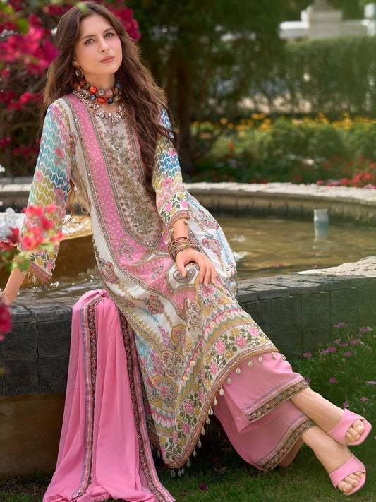 Women Floral Printed Regular Mirror Work Liva Kurta with Palazzos & With Dupatta