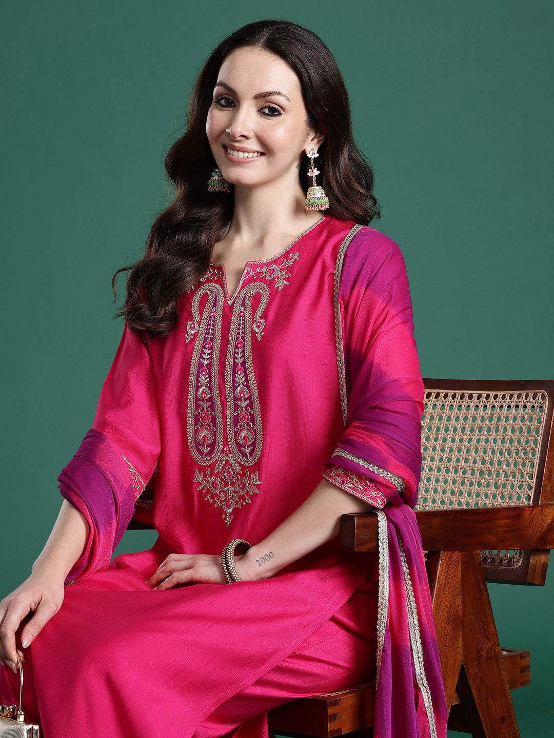 Dhiyona IE Paisley Embroidered Sequinned Kurta with Trousers & With Dupatta