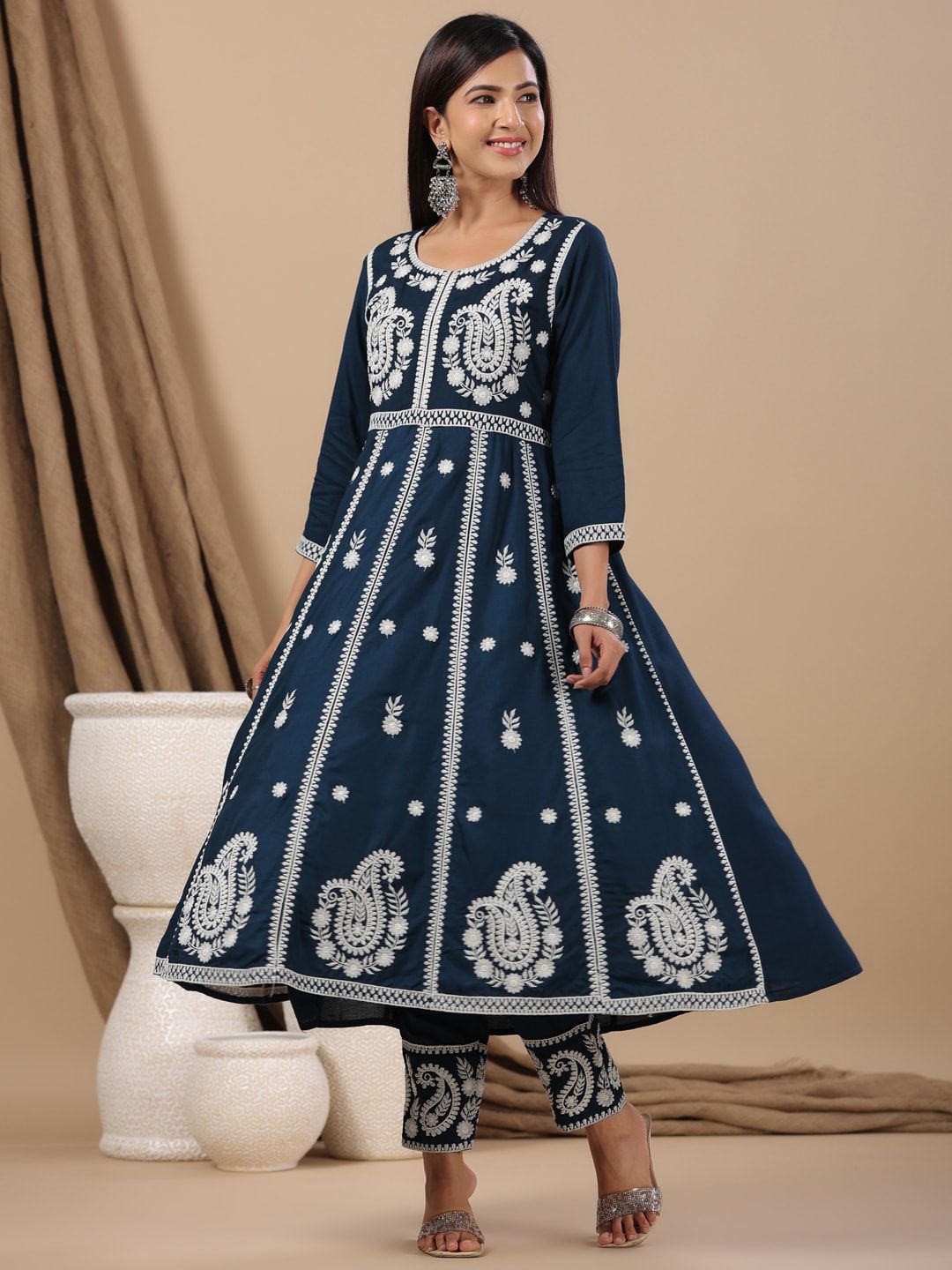 Dhiyona IS Women's Ethnic Motifs Embroidered Thread Work Anarkali Kurta With Trousers
