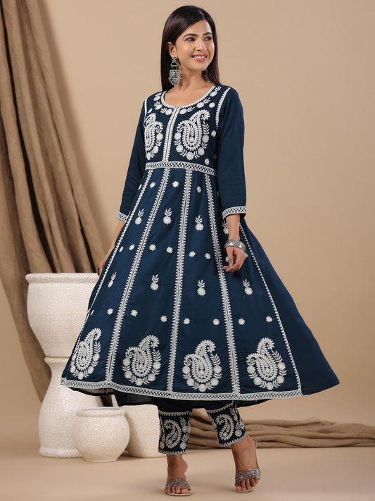 Dhiyona IS Women's Ethnic Motifs Embroidered Thread Work Anarkali Kurta With Trousers