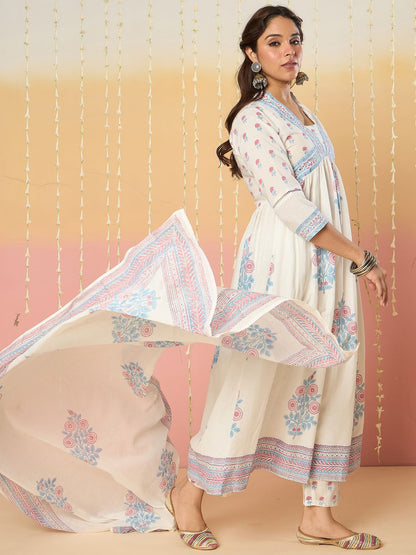 Dhiyona IE Women Floral Printed Sequinned Pure Cotton Kurta with Trousers & With Dupatta