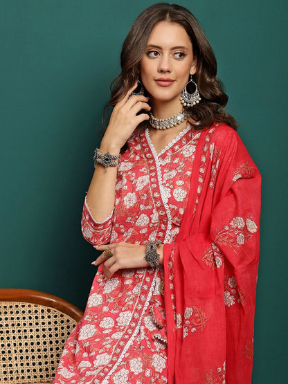Dhiyona SN Women's Floral Printed Pure Cotton V Neck Straight Kurta With Trousers & Dupatta
