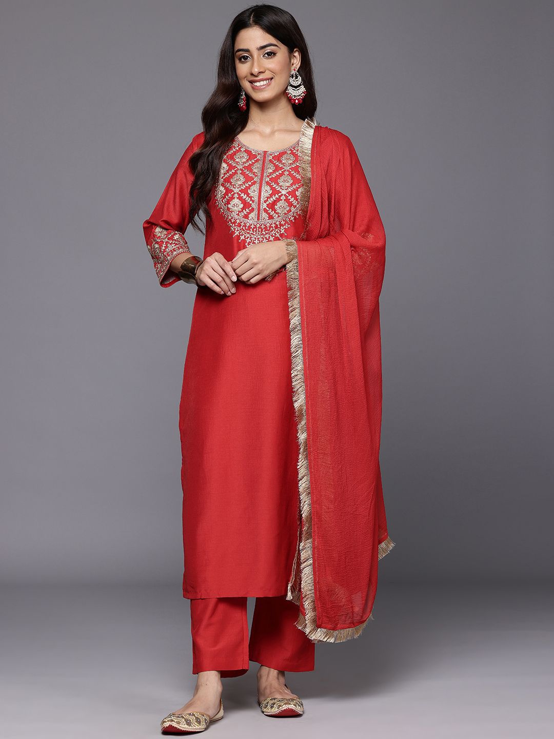 Dhiyona VA Women'sEthnic Motifs Zari Embroidered Sequinned Yoke Kurta & trouser With Dupatta