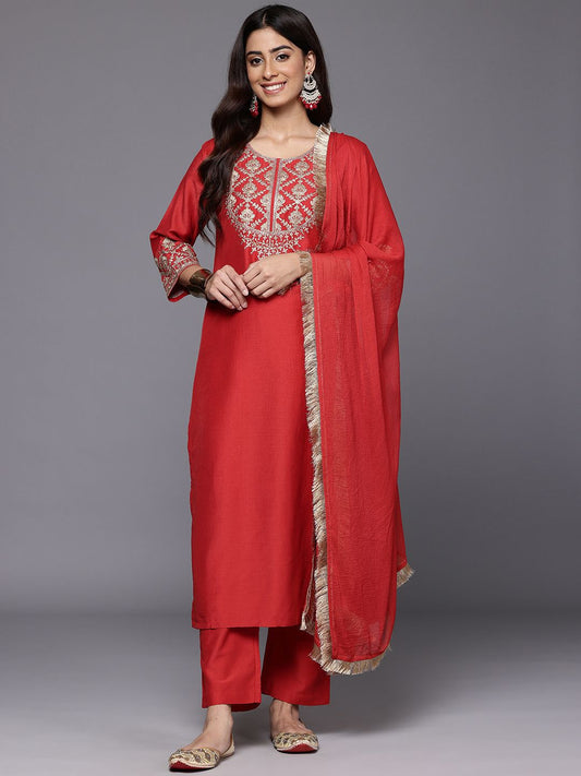 Dhiyona VA Women'sEthnic Motifs Zari Embroidered Sequinned Yoke Kurta & trouser With Dupatta