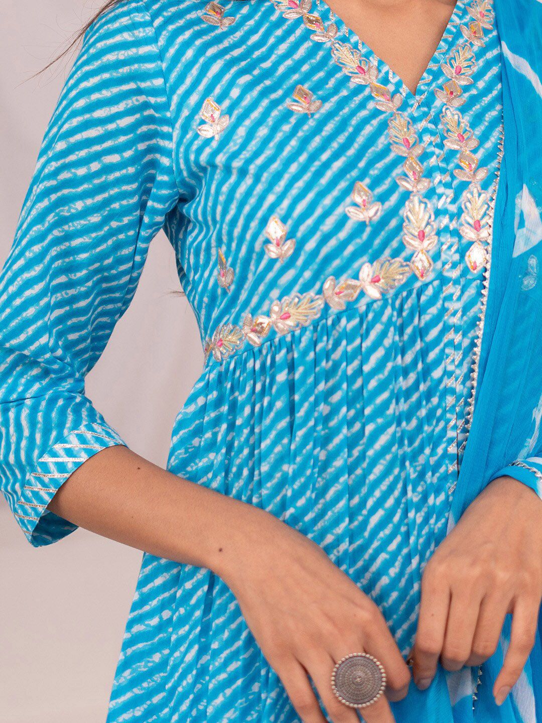 Dhiyona IS Women's Leheriya A-line Side Tie-Up Cotton Kurta with Sharara and Tie and Dye Dupatta
