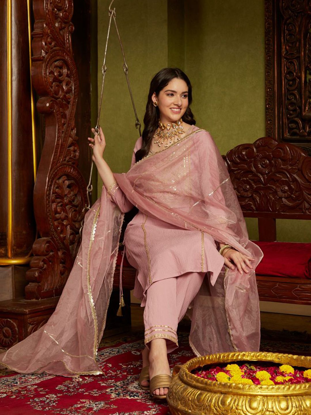 Dhiyona SN Women's Mauve Ethnic Motifs Embroidered Sequinned Straight Kurta With Trouser & Dupatta