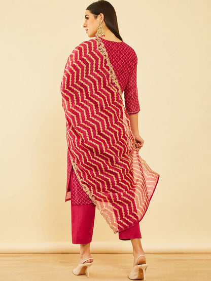 Dhiyona SO Women's Bandhani Printed Sequinned Chanderi Silk Kurta & Trousers With Dupatta