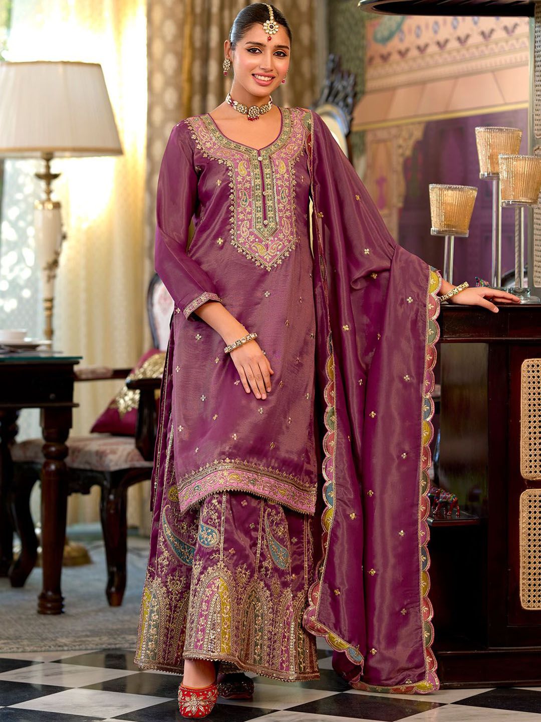Floral Embroidered Sequinned Straight Kurta With Palazzos & Dupatta