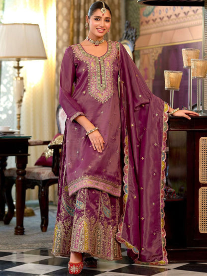 Floral Embroidered Sequinned Straight Kurta With Palazzos & Dupatta
