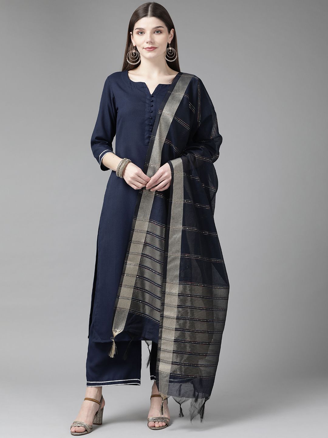 Women Navy Blue Kurta with Palazzos & With Dupatta