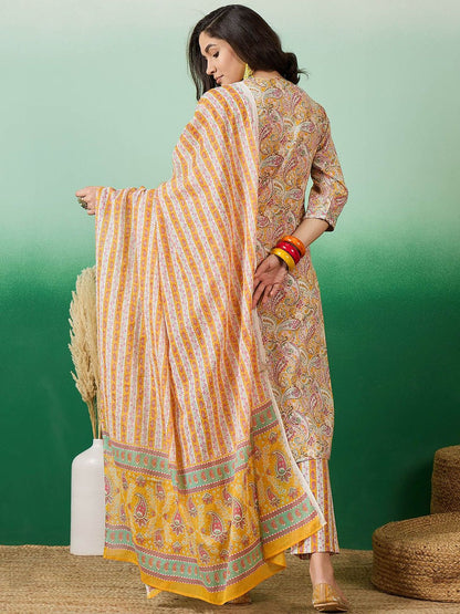 Dhiyona SN Women's Mustard Yellow Printed Pure Cotton Straight Kurta With Trousers & Dupatta