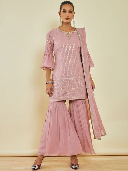 Dhiyona SO Women's Sequin Embellished Kurta with Sharara & Dupatta