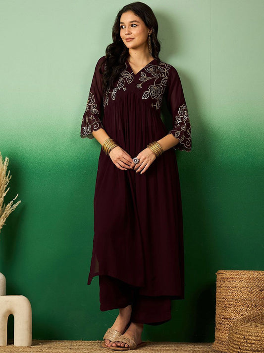 Dhiyona SN Women's Brown Floral Embroidered V-Neck A-Line Kurta With Palazzo Set
