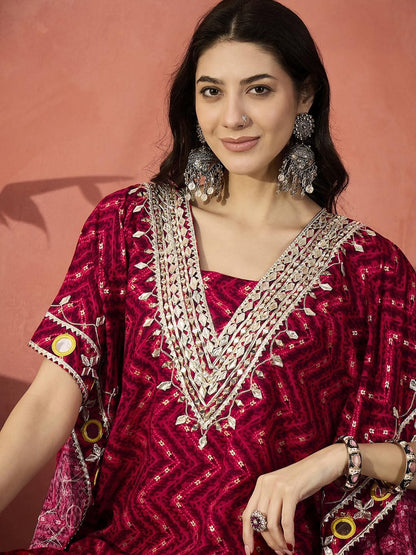 Dhiyona IS Women's Geometric Printed V-Neck Gotta Patti Kaftan Kurti With Trousers