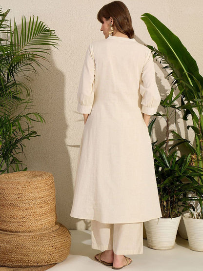 Dhiyona IE Embroidered Mandarin Collar A-Line Pure Cotton Kurta With Pants