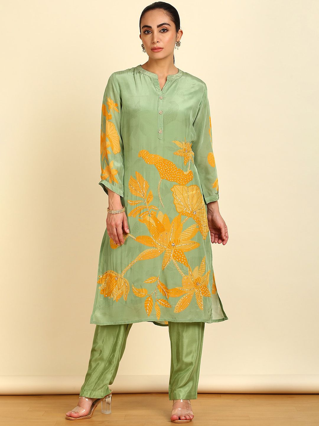 Dhiyona SO Women's Floral Printed Straight Sequinned Kurta With Palazzos & Dupatta