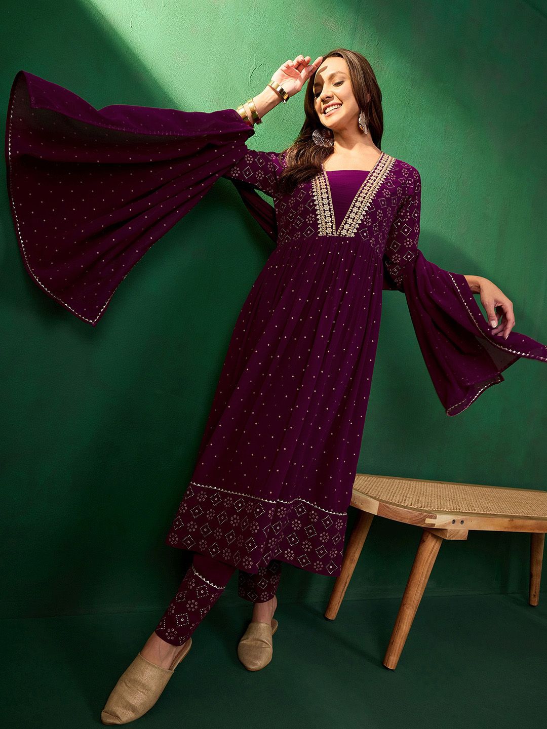 Dhiyona SN Women's Bandahni Printed Embroidered Anarkali Kurta & Trousers With Dupatta