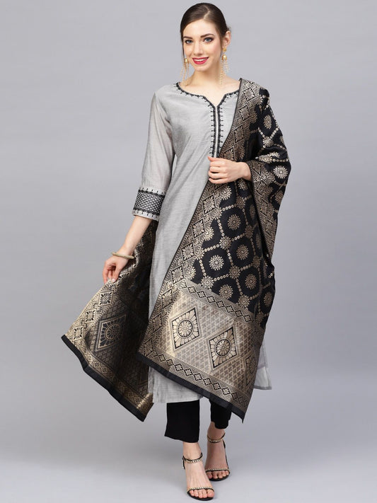 Dhiyona VA Women's Grey & Black Zari & Thread Work Kurta with Trousers & Dupatta