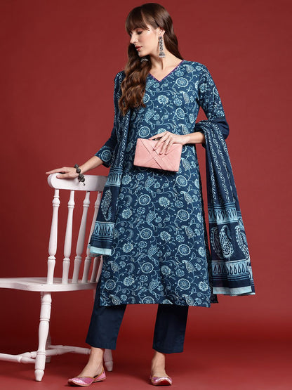 Paisley Printed Thread Work Pure Cotton Kurta With Trousers & Dupatta