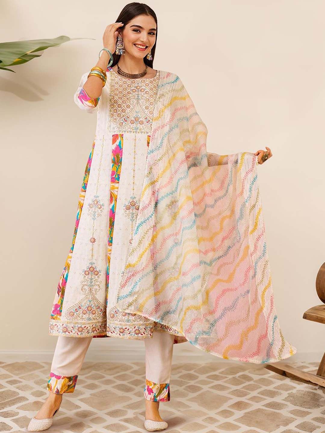 Dhiyona IS Women's Floral Printed A-Line Mirror Work Kurta with Trousers & Dupatta