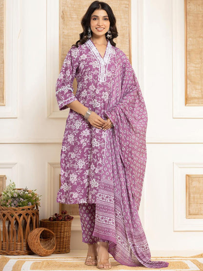 Dhiyona VA Women'sFloral Printed Regular Straight Kurta with Trouser & with Dupatta