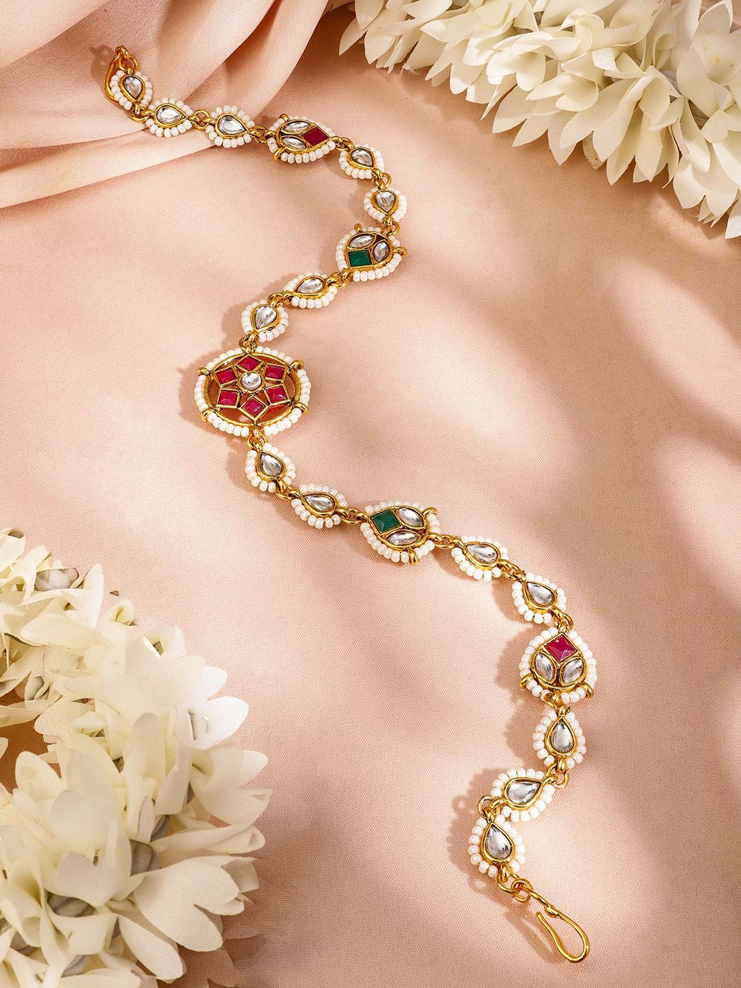 Dhiyona RJ Women's 18K Gold-Plated Red, Green & White Kundan & Pearl Beaded Matha Patti Head Jewellery