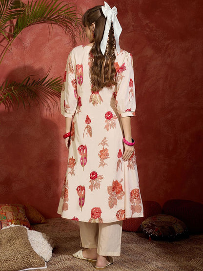 Women Floral Printed Pure Cotton A-Line Kurta with Trousers