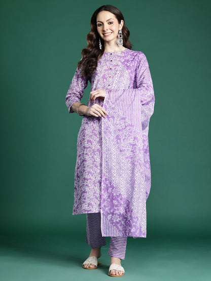 Dhiyona IE Floral Printed Pure Cotton Kurta with Trousers & Dupatta