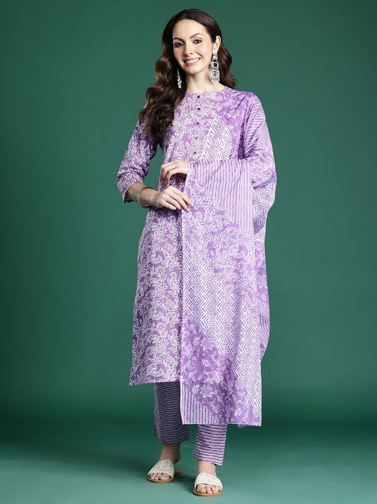 Dhiyona IE Floral Printed Pure Cotton Kurta with Trousers & Dupatta
