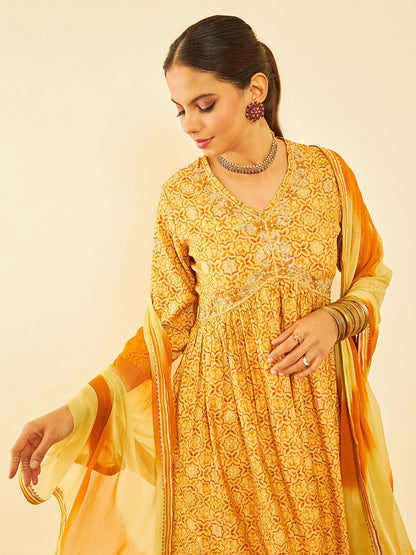 Dhiyona SO Women's Printed Zardozi Kurta with Trousers & With Dupatta