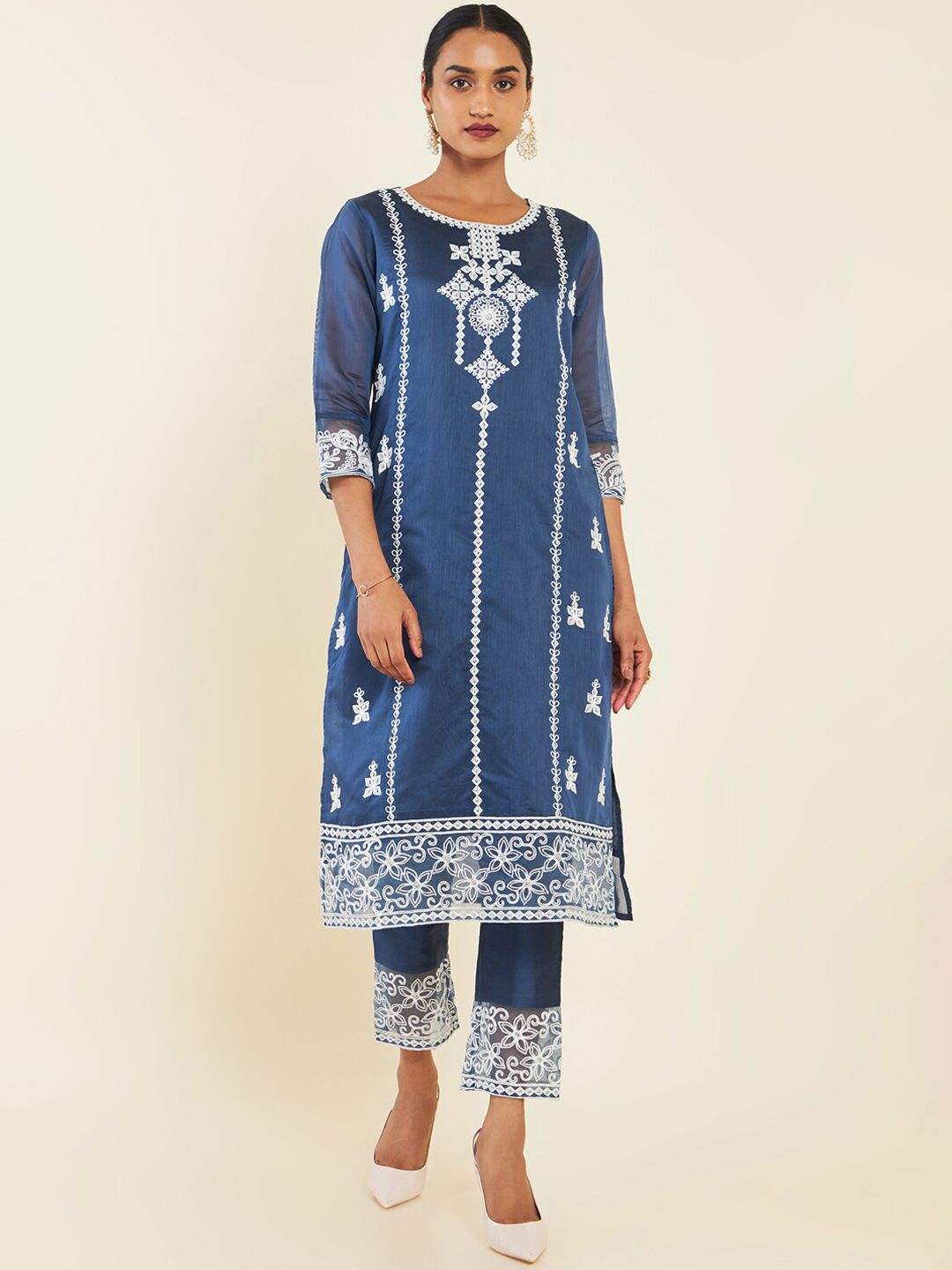 Dhiyona SO Women's Floral Embroidered Thread Work Chanderi Silk Kurta With Trousers & Dupatta