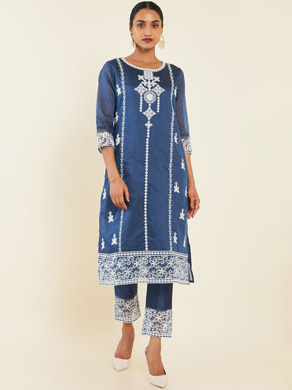 Dhiyona SO Women's Floral Embroidered Thread Work Chanderi Silk Kurta With Trousers & Dupatta