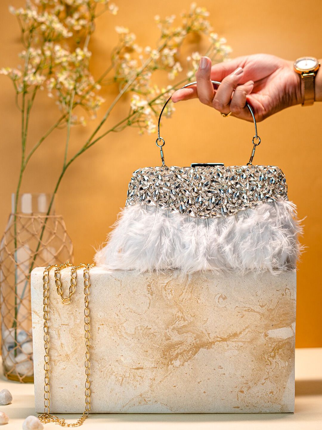 Dhiyona NR Embroidered Embellished Feather Box Clutch