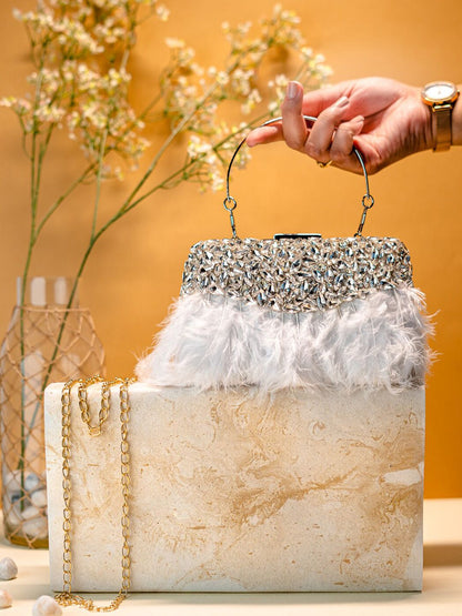 Dhiyona NR Embroidered Embellished Feather Box Clutch