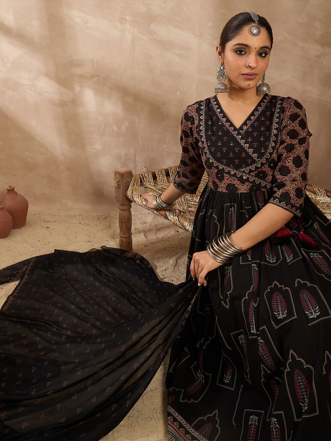 Women Ethnic Motifs Printed Pleated Beads and Stones Pure Cotton Kurta with Trousers & With Dupatta