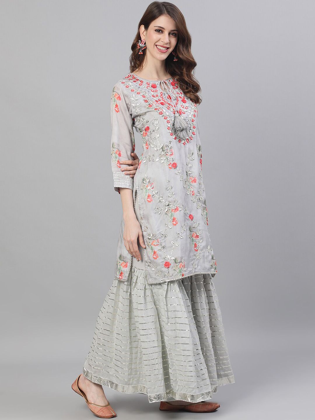 Dhiyona IS Women's Floral Embroidered Mirror Work Pure Silk Kurta with Sharara & Dupatta