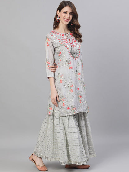 Dhiyona IS Women's Floral Embroidered Mirror Work Pure Silk Kurta with Sharara & Dupatta
