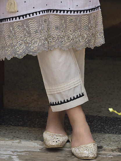 Dhiyona IE Cream-Coloured & Black Floral Embroidered Thread Work Linen Kurta Set