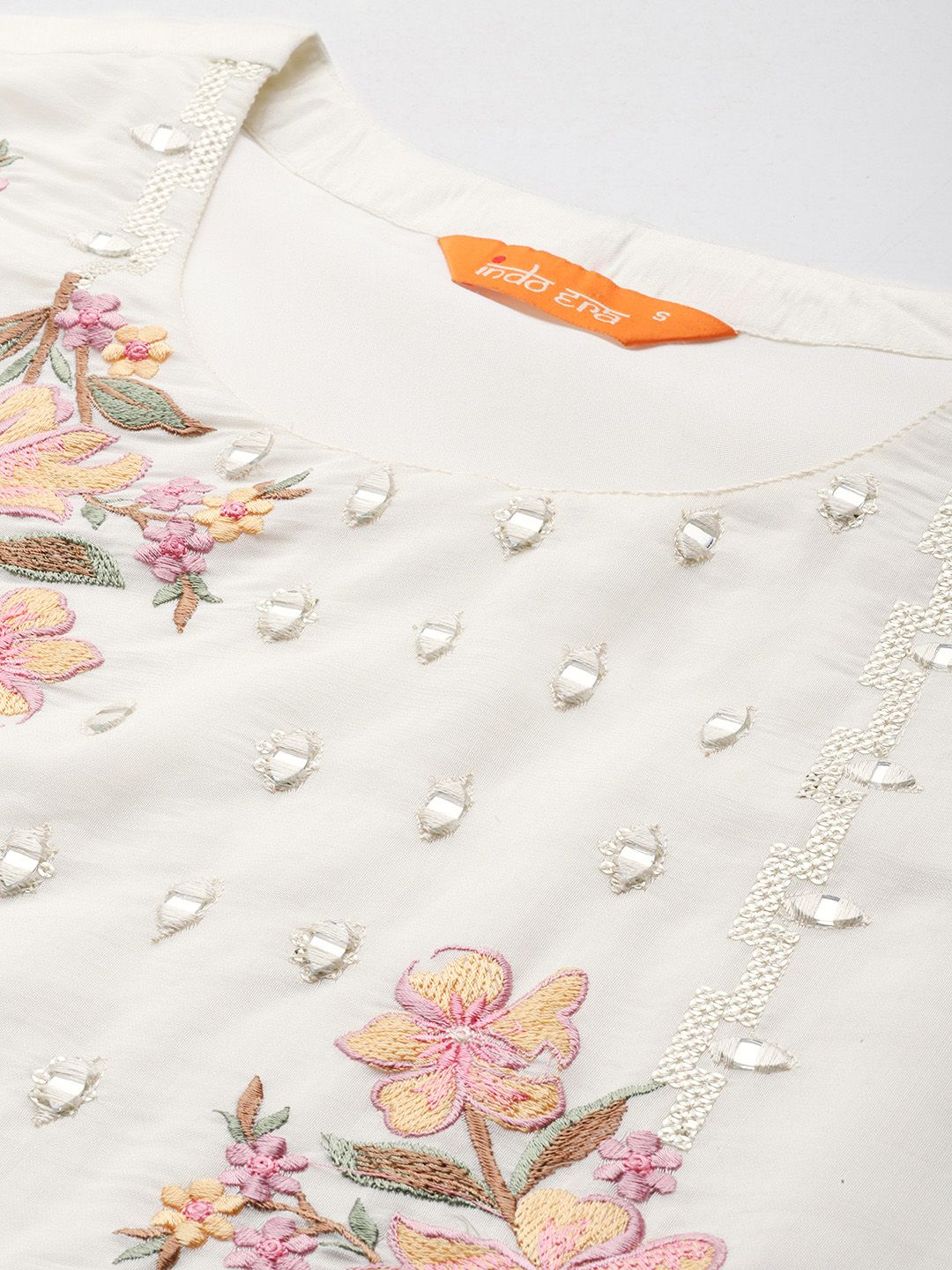 Floral Embroidered Mirror Work Chanderi Silk Kurta With Trousers & Dupatta