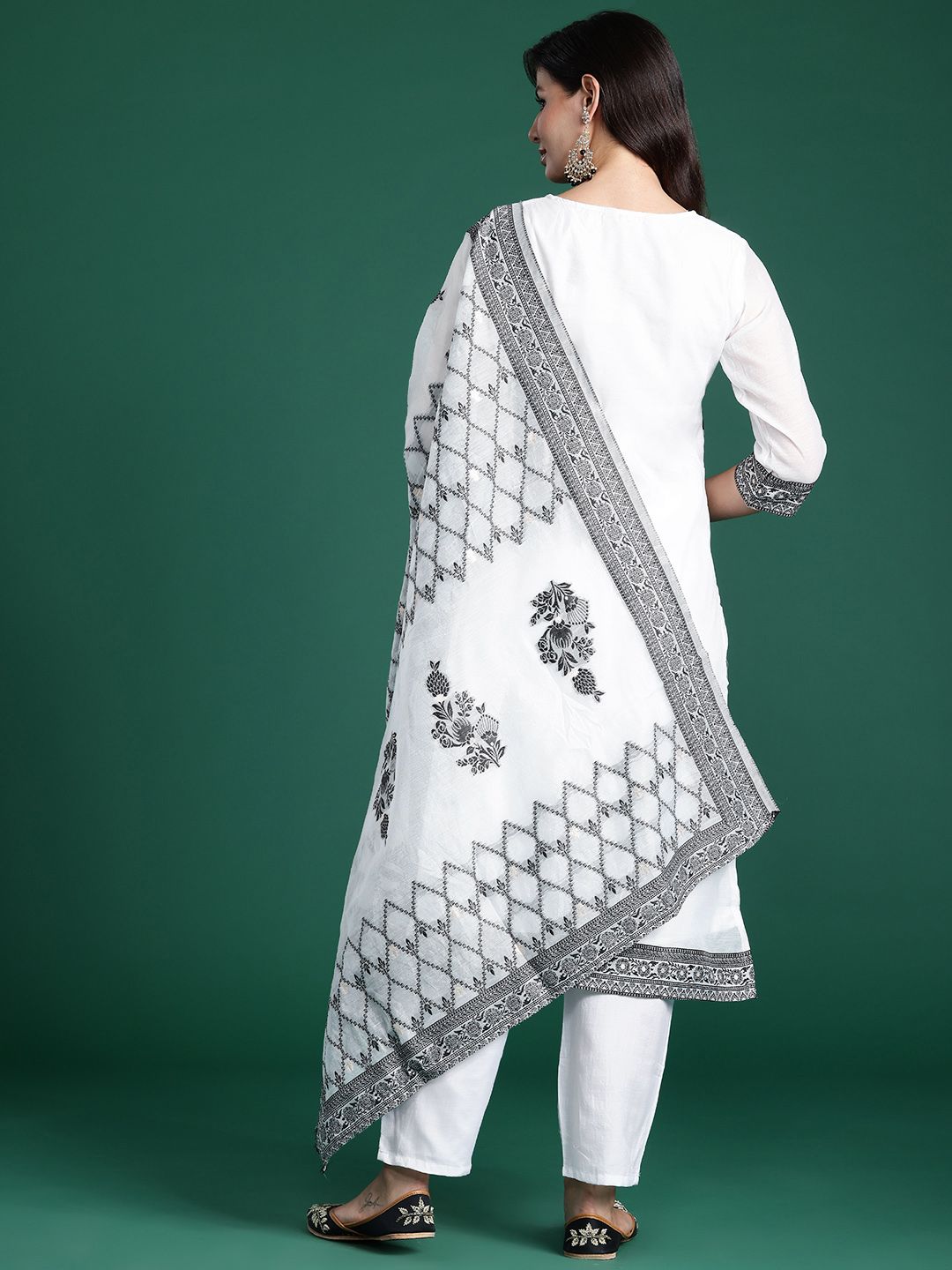 Floral Woven Design Kurta With Trousers & Dupatta