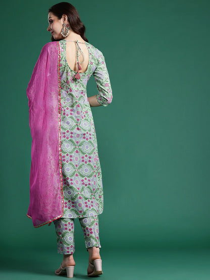 Dhiyona IE Floral Printed Regular Pure Cotton Kurta with Trousers & Dupatta