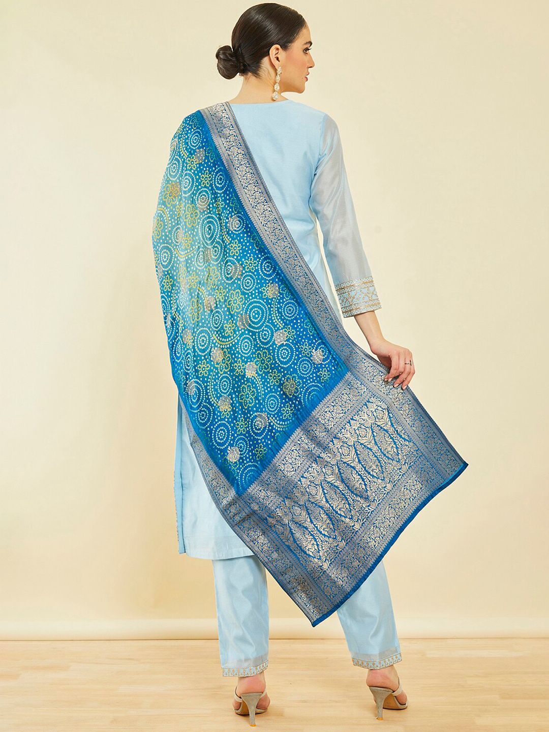 Dhiyona SO Women's Ethnic Motifs Embroidered Sequinned Chanderi Silk Kurta With Trousers & Dupatta